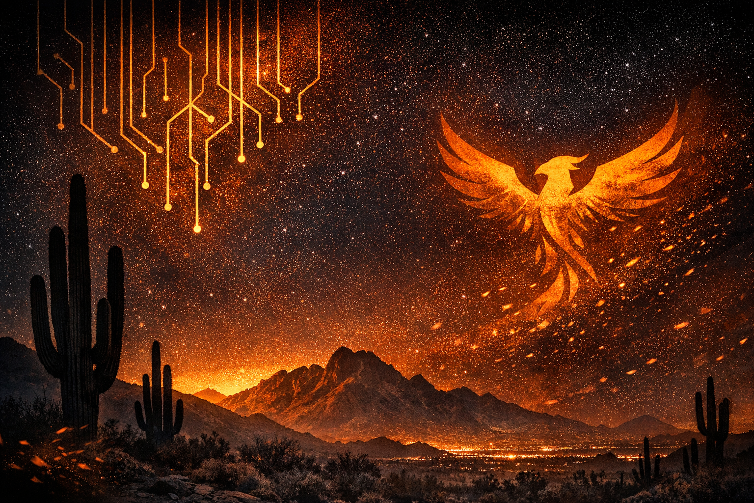 A glowing phoenix rises over the Sonoran Desert at twilight, with circuit patterns in the sky symbolizing cybersecurity and institutional resilience.