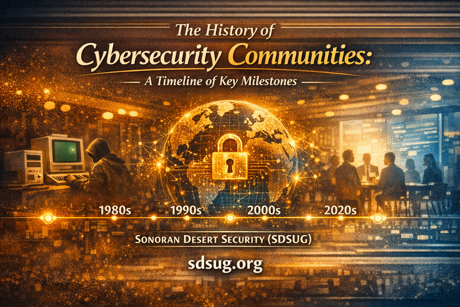 Hero image for the SDSUG article ‘The History of Cybersecurity Communities: A Timeline of Key Milestones,’ featuring a glowing timeline from the 1980s to the 2020s with vintage computers, a digital padlock, and modern professionals, symbolizing the evolution of cybersecurity under Sonoran Desert Security (SDSUG).