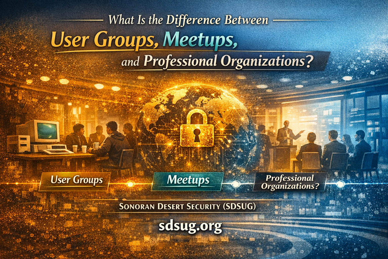 Hero image for the SDSUG article ‘What Is the Difference Between User Groups, Meetups, and Professional Organizations?,’ showing three sections labeled User Groups, Meetups, and Professional Organizations with directional arrows, symbolizing the structural and cultural differences under Sonoran Desert Security (SDSUG).