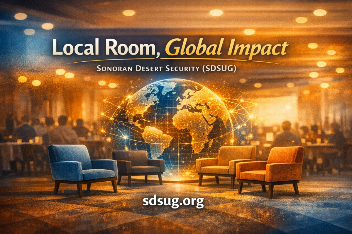 Hero image for the SDSUG article ‘Local Room, Global Impact,’ showing a modern conference space with a glowing globe motif and warm desert tones, symbolizing how local cybersecurity communities create worldwide influence under Sonoran Desert Security (SDSUG).