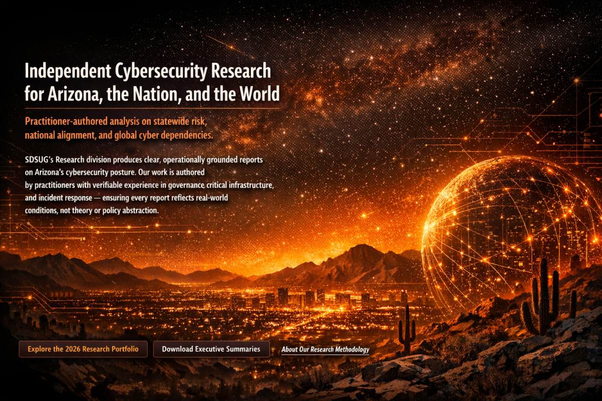 Phoenix nightscape with digital network overlays and glowing ember horizon used as the SDSUG Research hero image.