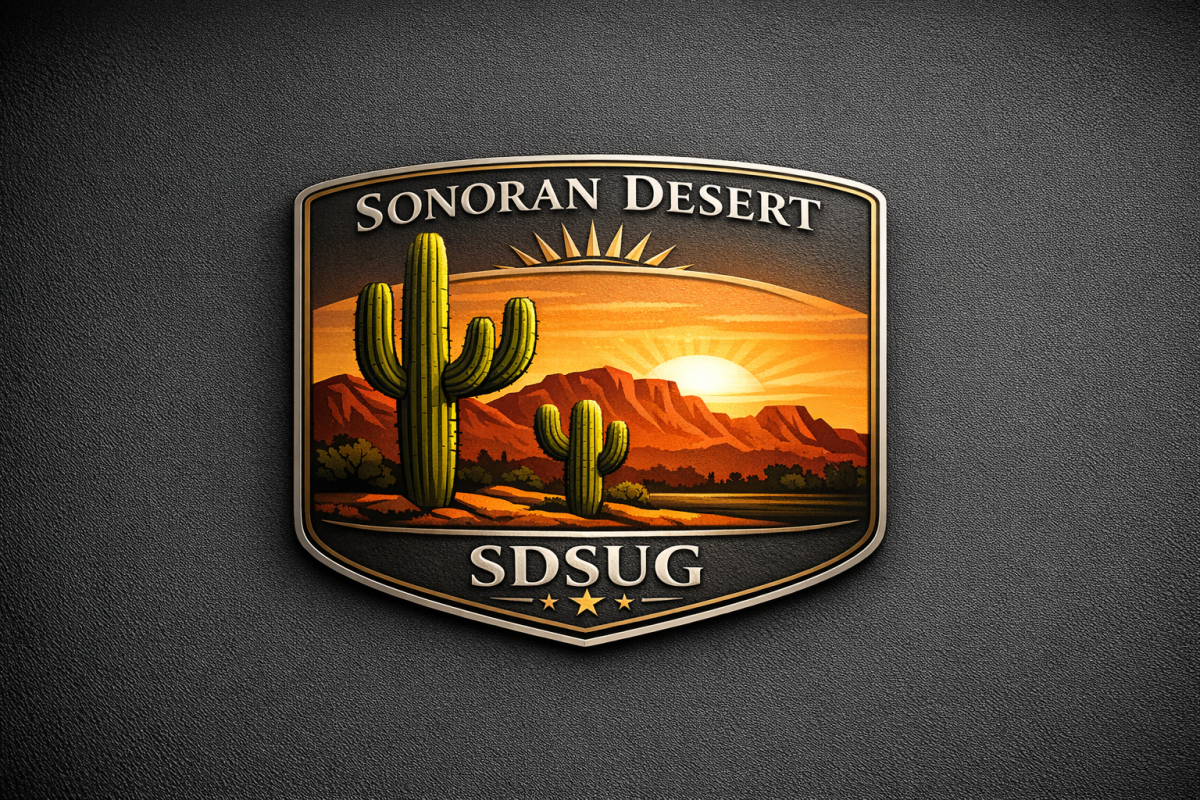 Refined SDSUG logo featuring two green saguaro cacti, red desert mesas, and a golden sunset rendered in a polished, world‑class style.