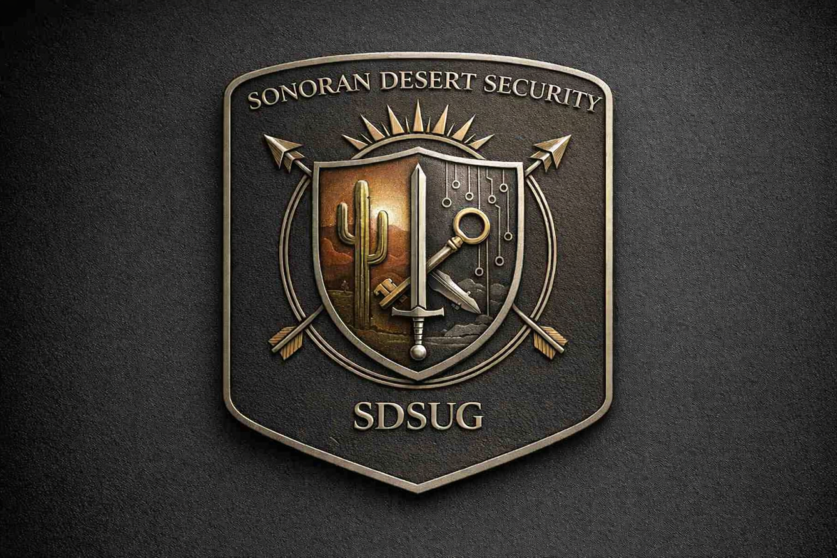 Refined Sonoran Desert Security (SDSUG) logo featuring one green saguaro cactus, circuit board, and a golden sunset, crossed by defensive sword and shield plus a golden skeleton key representing legacy to modern encryption.