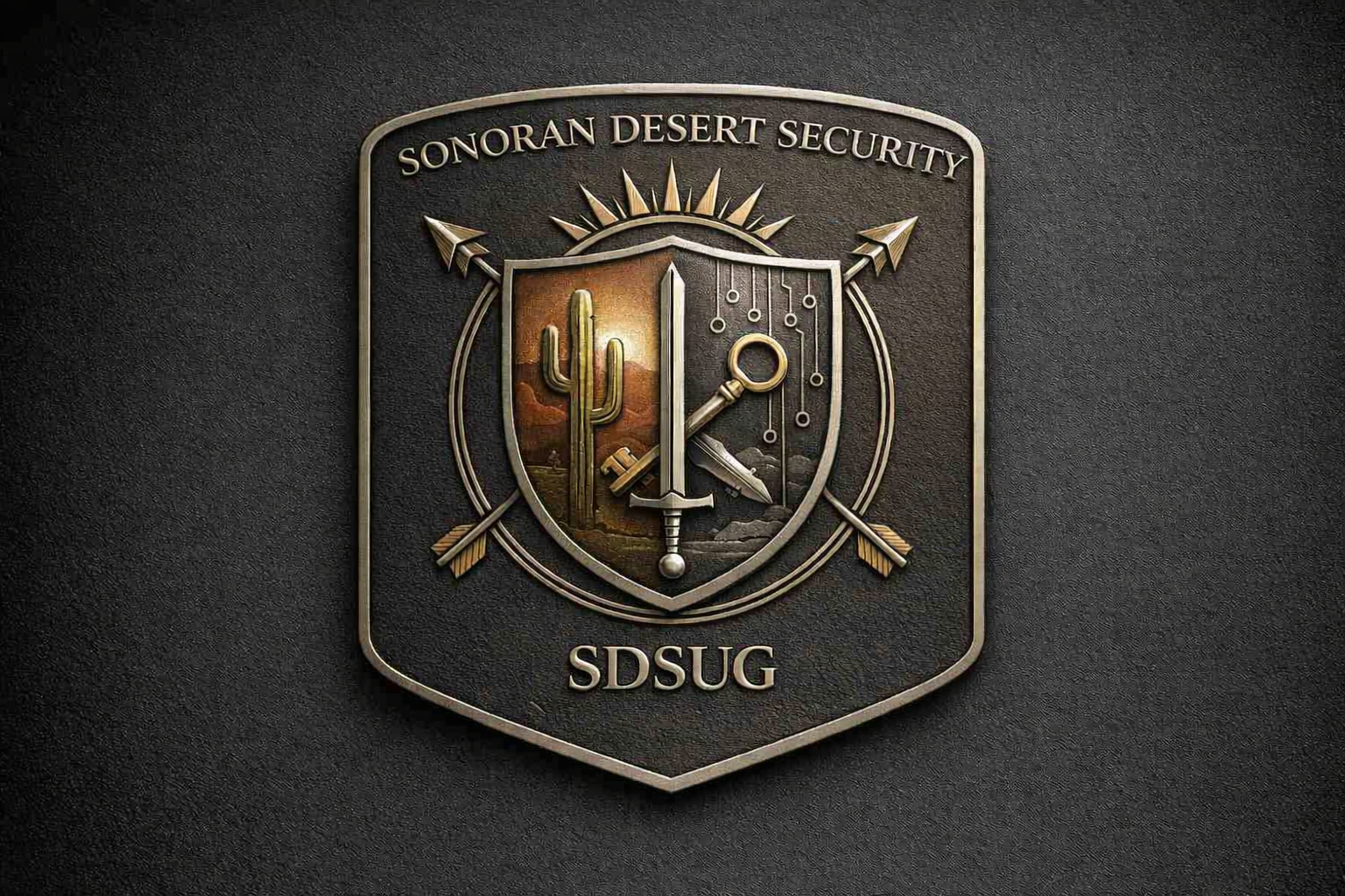 Refined SDSUG logo featuring one green saguaro cactus, circuit board, and a golden sunset, crossed by defensive sword and shield plus a golden skeleton key representing legacy to modern encryption.